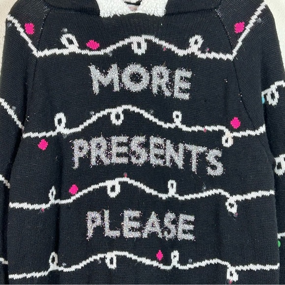 Christmas Sweater Hoodie Knit Sherpa Silver Lettering Pom Poms - Picture 4 of 14